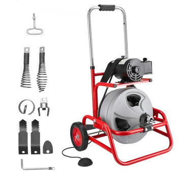 Drain Cleaner Machine 75 FT x 3/8 Inch, Sewer Snake Auger on Wheels, Manual Feed Drain Cleaning Machine with Adjustable Drum Angle, 6 Cutters & Air-activated Foot Switch for 2" to 4" Pipes