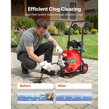 Drain Cleaner Machine 100 FT x 3/4 Inch, Auto Feed Sewer Snake Auger, Portable Drain Cleaning Machine with Multi-Wheel Combination, 6 Cutters & Air-Activated Foot Switch for 4" to 8" Pipes