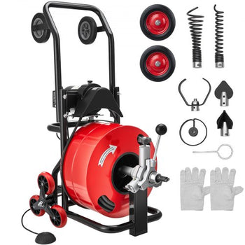 Drain Cleaner Machine 100 FT x 3/4 Inch, Auto Feed Sewer Snake Auger, Portable Drain Cleaning Machine with Multi-Wheel Combination, 6 Cutters & Air-Activated Foot Switch for 4" to 8" Pipes