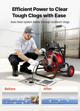 Drain Cleaner Machine 75 FT x 1/2 Inch, Auto Feed Sewer Snake Auger, Portable Drain Cleaning Machine with Climbing Wheels, Adjustable Drum, 8 Cutters & Foot Switch for 2" to 6" Pipes
