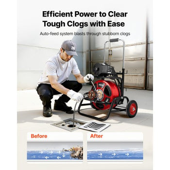 Drain Cleaner Machine 75 FT x 1/2 Inch, Auto Feed Sewer Snake Auger, Portable Drain Cleaning Machine with Climbing Wheels, Adjustable Drum, 8 Cutters & Foot Switch for 2" to 6" Pipes