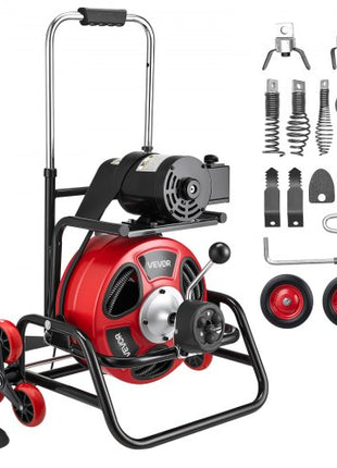 Drain Cleaner Machine 75 FT x 1/2 Inch, Auto Feed Sewer Snake Auger, Portable Drain Cleaning Machine with Climbing Wheels, Adjustable Drum, 8 Cutters & Foot Switch for 2" to 6" Pipes