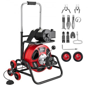 Drain Cleaner Machine 100 FT x 1/2 Inch, Auto Feed Sewer Snake Auger, Portable Drain Cleaning Machine with Climbing Wheels, Adjustable Drum, 8 Cutters & Foot Switch for 2" to 6" Pipes