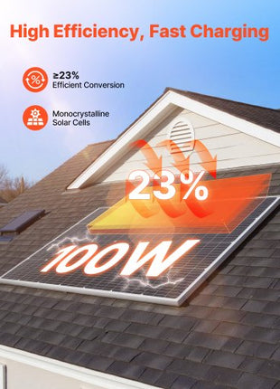 100W Monocrystalline Solar Panel, 23% High-Efficiency Mono PV Module with Stable MC4 Output & Aluminum Frame, IP65 Waterproof Solar Panel for Car Boat RV Flat Rooftop Off-Grid Applications