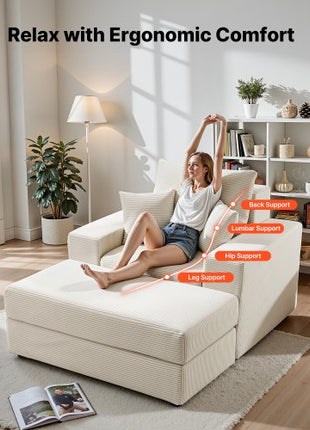 Chaise Lounge Chair, 44 in Boneless Modular Chaise Lounge Indoor, Oversized Corduroy Reading Chair with Throw Pillows & Armrests, Deep Seat Sofa Couch Sleeper for Living Room, Bedroom, Beige