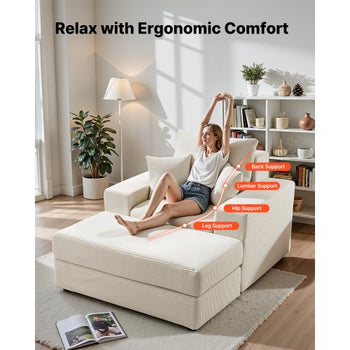 Chaise Lounge Chair, 44 in Boneless Modular Chaise Lounge Indoor, Oversized Corduroy Reading Chair with Throw Pillows & Armrests, Deep Seat Sofa Couch Sleeper for Living Room, Bedroom, Beige