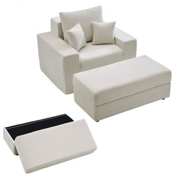Chaise Lounge Chair, 44 in Boneless Modular Chaise Lounge Indoor, Oversized Corduroy Reading Chair with Throw Pillows & Armrests, Deep Seat Sofa Couch Sleeper for Living Room, Bedroom, Beige