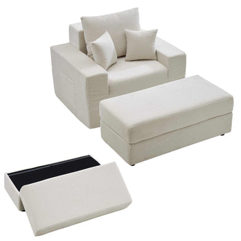 Chaise Lounge Chair, 44 in Boneless Modular Chaise Lounge Indoor, Oversized Corduroy Reading Chair with Throw Pillows & Armrests, Deep Seat Sofa Couch Sleeper for Living Room, Bedroom, Beige