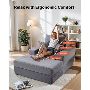 Chaise Lounge Chair, 44 in Boneless Modular Chaise Lounge Indoor, Oversized Corduroy Reading Chair with Throw Pillows & Armrests, Deep Seat Sofa Couch Sleeper for Living Room, Bedroom, Grey