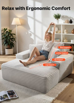 Chaise Lounge Chair, 54 in Boneless Chaise Lounge Indoor, Modern Upholstered Oversized Reading Chair with Throw Pillows & Armrests, Sofa Couch Deep Seat Sleeper for Living Room, Bedroom, Beige
