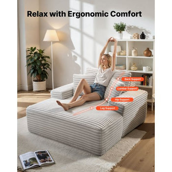 Chaise Lounge Chair, 54 in Boneless Chaise Lounge Indoor, Modern Upholstered Oversized Reading Chair with Throw Pillows & Armrests, Sofa Couch Deep Seat Sleeper for Living Room, Bedroom, Beige