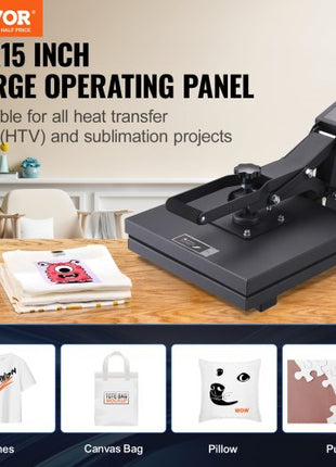 Heat Press, 15 x 15 inch Heat Press Machine for T-shirts, Fast Heating, High Pressure for Digital Industrial-Quality Sublimation Printer for Heat Transfer Vinyl, 15" x 15", Black