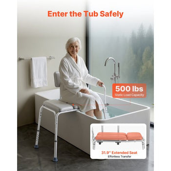 Tub Transfer Bench for Bathtub, 500 lbs Weight Capacity Heavy Duty Shower Chair with Arm and Backrest, Height Adjustable Bathroom Shower Bench Bath Seat for Adults, Seniors, Elderly and Disabled