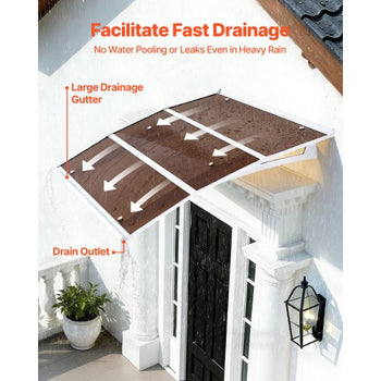 Awnings for Door Entrance, 37 x 47 in, Exterior Front Door Window Awnings with Drainage & ABS Bracket, Rain Snow Sun Protection, Overhang Polycarbonate Door Canopy for Porch Patio, Brown