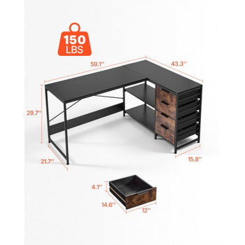 L-Shaped Computer Desk, 59-inch Reversible Corner Gaming Desk with Drawers & Storage Shelves, Modern Stylish PC Table Sturdy Work Workstation for Home Office - Easy to Assembly