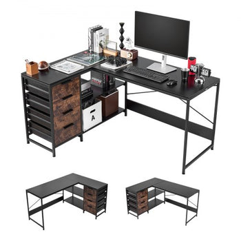 L-Shaped Computer Desk, 59-inch Reversible Corner Gaming Desk with Drawers & Storage Shelves, Modern Stylish PC Table Sturdy Work Workstation for Home Office - Easy to Assembly