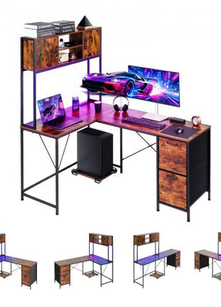 L-Shaped Gaming Desk with LED Lights, 62.2-inch Reversible Corner Computer Desk with Power Outlets, Movable CPU Stand & Storage Drawers, Modern Stylish PC Gaming Table for Home Office