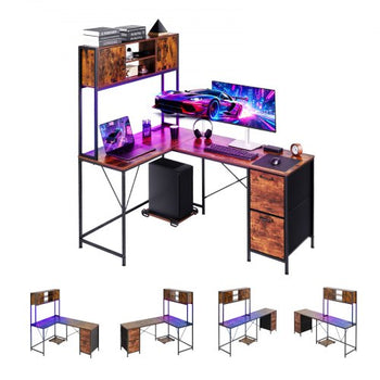 L-Shaped Gaming Desk with LED Lights, 62.2-inch Reversible Corner Computer Desk with Power Outlets, Movable CPU Stand & Storage Drawers, Modern Stylish PC Gaming Table for Home Office