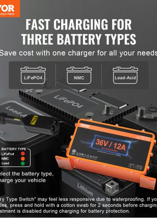 36 Volt Golf Cart Battery Charger, 12 AMP, Smart Battery Charger with D-Style Plug, Compatible with Lead-Acid AGM/GEL/EFB MF NMC LiFePO4 Batteries for EZGO TXT, IP67 Waterproof ETL Certified