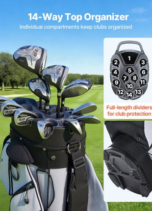 Golf Cart Bag, 14 Way Top Divider Organizer, Golf Club Bag with Full-length Divider, Handles, Storage Pockets, Shoulder Strap, Rain Hood, Smooth Zippers, Lightweight Polyester for Men & Women