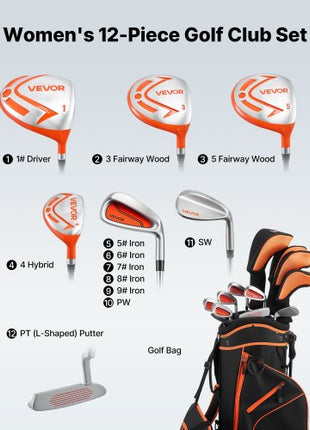 Golf Club Set, 12 Pieces Women's Golf Club Complete Set Right Handed with 460CC #1 Driver, #3 & 5 Fairway Wood, #4 Hybrid, #5/#6/#7/#8/#9/#PW/#SW Irons, L-Shaped Putter, Golf Stand Bag, Orange