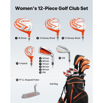 Golf Club Set, 12 Pieces Women's Golf Club Complete Set Right Handed with 460CC #1 Driver, #3 & 5 Fairway Wood, #4 Hybrid, #5/#6/#7/#8/#9/#PW/#SW Irons, L-Shaped Putter, Golf Stand Bag, Orange