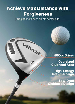Golf Club Set, 12 Pieces Men's Complete Golf Club Set Right Handed with 460CC #1 Driver, #3 & 5 Fairway Wood, #4 Hybrid, #5/#6/#7/#8/#9/#PW/#SW Irons, L-Shaped Putter, Golf Stand Bag, Black