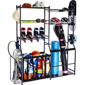 Black metal sports gear storage rack with multiple shelves and baskets, holding shoes, balls, and equipment.
