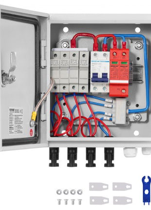PV Combiner Box, 4 String, Solar Combiner Box with 15A Rated Current Fuse 63A Circuit Breaker Lightning Arrester and Solar Connector, Steel Case for On / Off Grid Solar Panel System, IP65