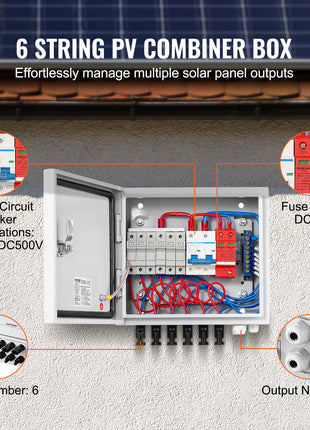 PV Combiner Box, 6 String, Solar Combiner Box with 15A Rated Current Fuse 125A Circuit Breaker Lightning Arrester and Solar Connector, Steel Case for On / Off Grid Solar Panel System, IP65