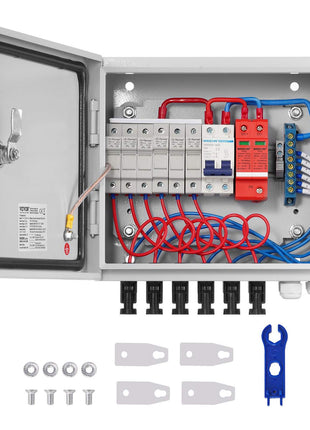 PV Combiner Box, 6 String, Solar Combiner Box with 15A Rated Current Fuse 125A Circuit Breaker Lightning Arrester and Solar Connector, Steel Case for On / Off Grid Solar Panel System, IP65