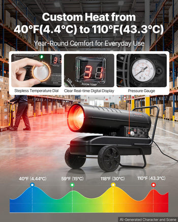 Forced Air Kerosene Heater, 125000 BTU Diesel Torpedo Space Heater, for Garage, Warehouse, Workshop, Job Site, Construction, Flexible Move with Wheels & Thermostat Control, Carbon Steel, Black