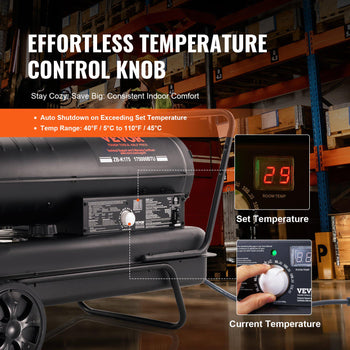 Black portable heater with digital temperature control, featuring a sleek design and adjustable range from 40°F to 110°F.
