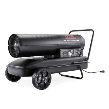Black industrial propane heater with wheels, rugged design, perfect for workshops and outdoor heating.