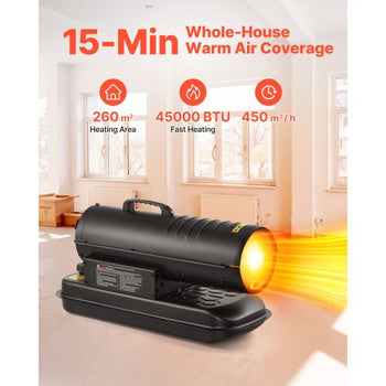 45000 BTU Forced Air Kerosene Diesel Heater, Portable Torpedo Space Heater with Handle, Blower-Type for Jobsite/Garage/Warehouse/Workshop Construction /Outdoor Heating,Black