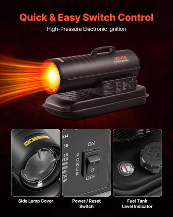 45000 BTU Forced Air Kerosene Diesel Heater, Portable Torpedo Space Heater with Handle, Blower-Type for Jobsite/Garage/Warehouse/Workshop Construction /Outdoor Heating,Black