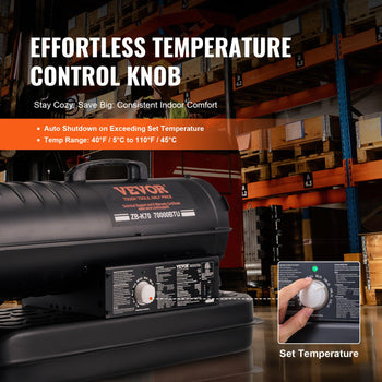 VEVOR temperature control knob, black with white accents, adjustable from 40°F to 110°F for optimal indoor comfort.