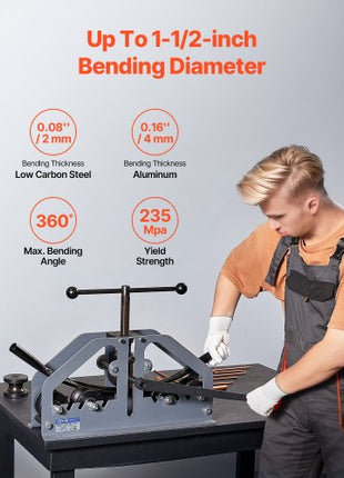 Tube Roller Bender, Max 1-1/2" Manual Tube Pipe Roller Bender with 6 Dies, 360° Copper Aluminum Pipe Bending Tool for Square, Round Tube & Flat Bar, Ideal for HVAC Air Conditioning Auto Repair