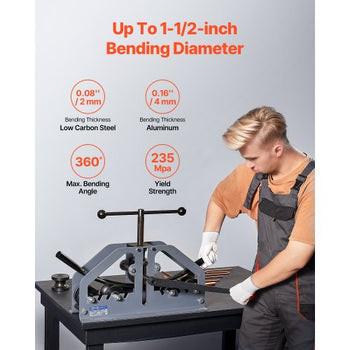Tube Roller Bender, Max 1-1/2" Manual Tube Pipe Roller Bender with 6 Dies, 360° Copper Aluminum Pipe Bending Tool for Square, Round Tube & Flat Bar, Ideal for HVAC Air Conditioning Auto Repair