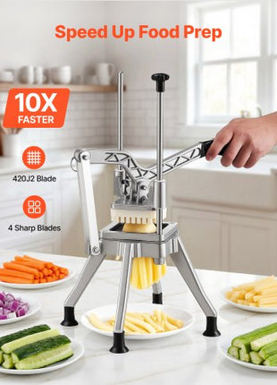 French Fry Cutter, Commercial Vegetable Chopper with 4 Blades (1/2", 3/8", 1/4" & 6-Wedge with Corer), Lever Stainless Steel Potato Slicer for Home Thick, Regular & Thin Fries Cut, Onion, Fruit