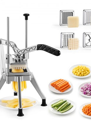 French Fry Cutter, Commercial Vegetable Chopper with 4 Blades (1/2", 3/8", 1/4" & 6-Wedge with Corer), Lever Stainless Steel Potato Slicer for Home Thick, Regular & Thin Fries Cut, Onion, Fruit
