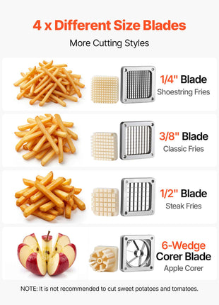 French Fry Cutter, Commercial Vegetable Chopper with 4 Blades (1/2", 3/8", 1/4" & 6-Wedge with Corer), Lever Stainless Steel Potato Slicer for Home Thick, Regular & Thin Fries Cut, Onion, Fruit