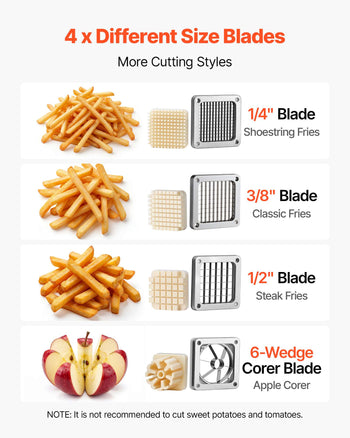 French Fry Cutter, Commercial Vegetable Chopper with 4 Blades (1/2", 3/8", 1/4" & 6-Wedge with Corer), Lever Stainless Steel Potato Slicer for Home Thick, Regular & Thin Fries Cut, Onion, Fruit