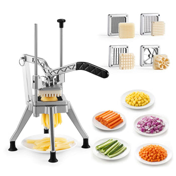 French Fry Cutter, Commercial Vegetable Chopper with 4 Blades (1/2", 3/8", 1/4" & 6-Wedge with Corer), Lever Stainless Steel Potato Slicer for Home Thick, Regular & Thin Fries Cut, Onion, Fruit