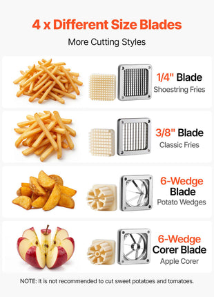 French Fry Cutter, Commercial Vegetable Chopper with 4 Blades (1/4", 3/8", 6-Wedge & Apple Corer), Stainless Steel Potato Slicer for Fries, Onion, Carrots, Lemon – Home & Restaurant Use