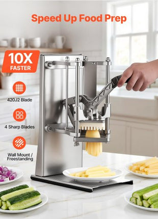 French Fry Cutter, Commercial Vegetable Chopper with 4 Blades - 1/4", 3/8", 6-Wedge Slicer & Apple Corer - Wall Mount Stainless Steel Potato Cutter, for Home & Restaurant Use