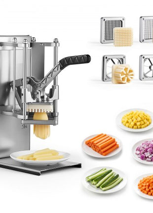 French Fry Cutter, Commercial Vegetable Chopper with 4 Blades - 1/4", 3/8", 6-Wedge Slicer & Apple Corer - Wall Mount Stainless Steel Potato Cutter, for Home & Restaurant Use