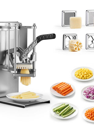 French Fry Cutter, Commercial Vegetable Chopper with 4 Blades - 1/4", 3/8", 6-Wedge Slicer & Apple Corer - Wall Mount Stainless Steel Potato Cutter, for Home & Restaurant Use