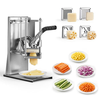 French Fry Cutter, Commercial Vegetable Chopper with 4 Blades - 1/4", 3/8", 6-Wedge Slicer & Apple Corer - Wall Mount Stainless Steel Potato Cutter, for Home & Restaurant Use