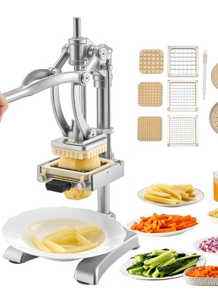 Commercial French Fry Cutter, Stainless Steel Vegetable Fruit Chopper with 3 Replacement Blades 1/2-Inch 3/8-Inch 1/4-Inch, and a Juicing Blade, Manual Potato Slicer Dicer for Restaurants & Home